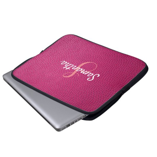 Personalisiertes Monogramm und Name Rosa Leder Laptopschutzhülle (Vorne Knopf)