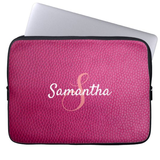 Personalisiertes Monogramm und Name Rosa Leder Laptopschutzhülle (Vorderseite)