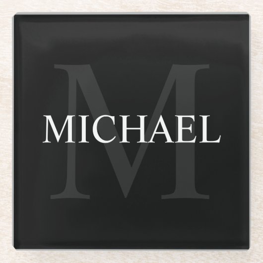 Personalisiertes Monogramm und Name Schwarz Glasuntersetzer (Vorderseite)