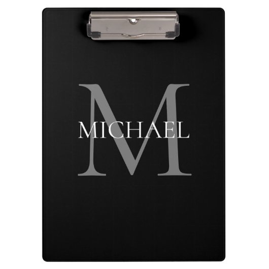 Personalisiertes Monogramm und Name Schwarz Klemmbrett (Vorderseite)