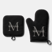 Personalisiertes Monogramm und Name Schwarz Ofenhandschuh & Topflappen-Set (Vorderseite)