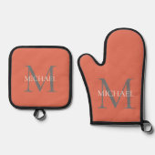 Personalisiertes Monogramm und Name Terracotta Ofenhandschuh & Topflappen-Set (Vorderseite)