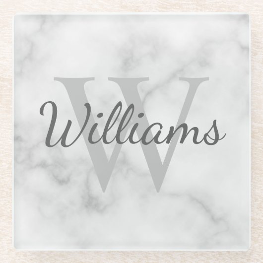 Personalisiertes Monogramm- und Namensmarmorbild Glasuntersetzer (Vorderseite)