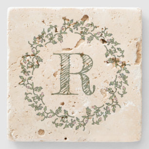 Personalisiertes Monogramm-weises Grün mit Blumen Steinuntersetzer