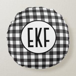 Personalisiertes monogrammiertes Schwarz-Weiß-Karo Rundes Kissen