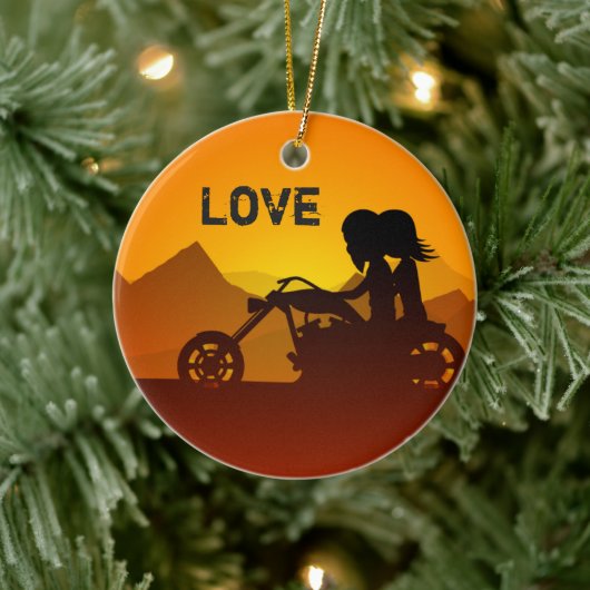 Personalisiertes Motorradpaar bei Sonnenuntergang Keramikornament (Baum)