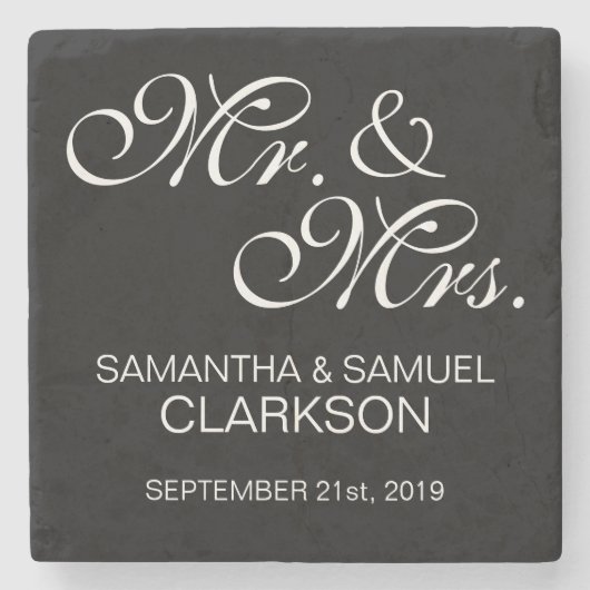 Personalisiertes MR & MRS. Schwarze Gastgeschenke  Steinuntersetzer (Vorderseite)