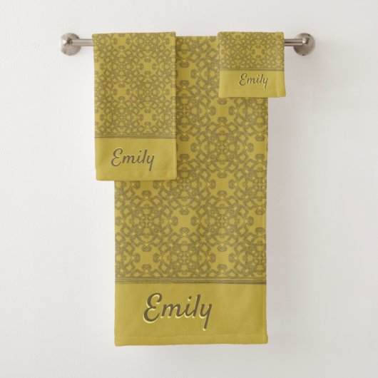 Personalisiertes Mustard Yellow Pattern Badhandtuch Set (Insitu)