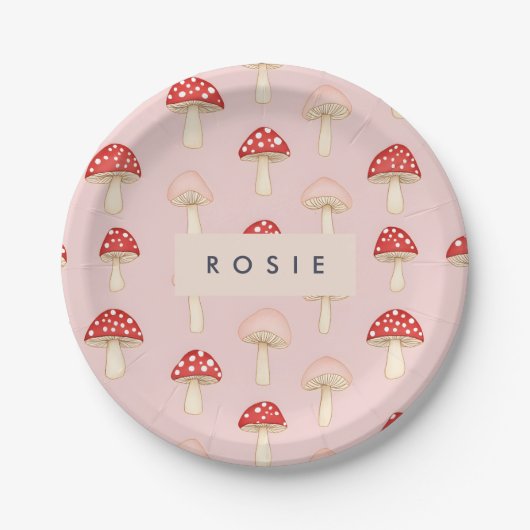 Personalisiertes Muster in Rosa Mushroom Pappteller (Vorderseite)