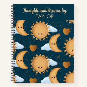 Personalisiertes Name Blau Gold Sonne Mond Traum J Notizblock