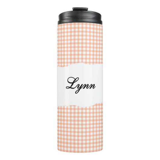 Personalisiertes Name Orange Gingham-Muster Thermosbecher (Vorderseite)