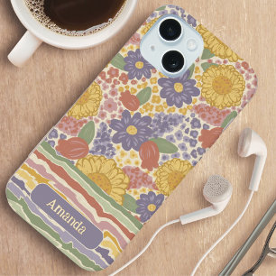 Personalisiertes Namens-Blumenstreifen-Handygehäus iPhone 15 Hülle