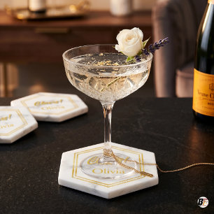 Personalisiertes Namw 'Prost!' Marmor & Gold Untersetzer
