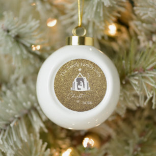 Personalisiertes Nativity Gold & Weiß Weihnachten Keramik Kugel-Ornament