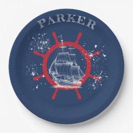 Personalisiertes Nautic Party Sailboat Blue Pappteller