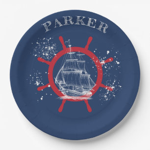Personalisiertes Nautic Party Sailboat Blue Pappteller