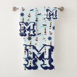 Personalisiertes nautisches Leuchtturm-Segelboot-M Badhandtuch Set