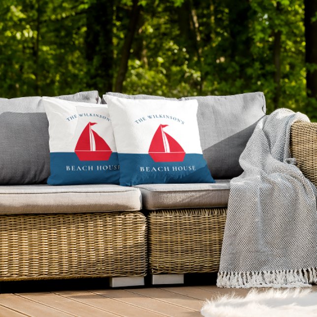 Personalisiertes nautisches Strandhaus Kissen (personalized nautical red white and blue maritime throw pillow , ideal for family vacation home.)