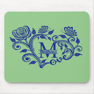 Personalisiertes Navy Blaues Florales Monogramm M Mousepad