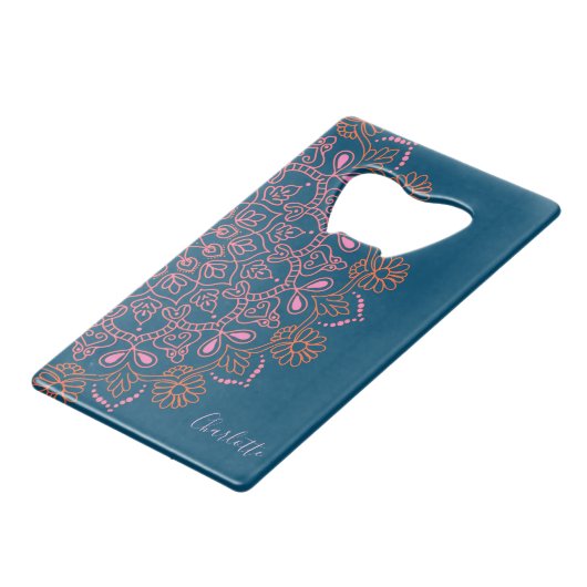 Personalisiertes Navy Blue Pink Floral Mandala Des Geldbeutel Flaschenöffner (Vorderseite Schrägansicht)