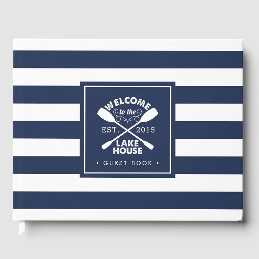 Personalisiertes Navy & White Strip Lake House Gästebuch (Vorderseite)
