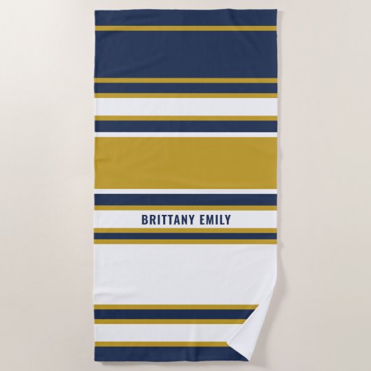 Personalisiertes Navy White Stripes Muster Strandtuch (Vorderseite)
