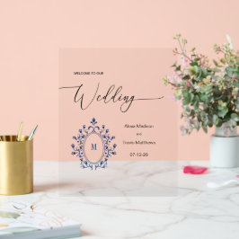 Personalisiertes navyblaues Monogramm-Hochzeitssch Acrylschild