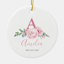 Personalisiertes neues Baby Keepake rosa Blumenges Keramik Ornament