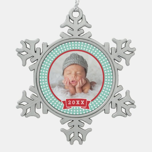 Personalisiertes Neugeborenes Foto Keepake Ornamen Schneeflocken Zinn-Ornament (Vorderseite)