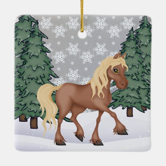 Personalisiertes Niedliches Braun Winterpferd Keramikornament (Rückseite)