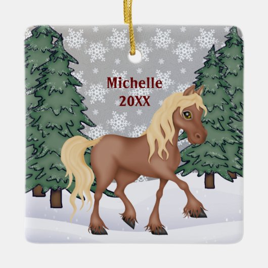 Personalisiertes Niedliches Braun Winterpferd Keramikornament (Vorderseite)