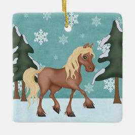 Personalisiertes Niedliches Brown Horse Snowy Keramikornament