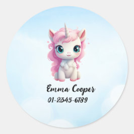 Personalisiertes Niedliches Einhorn, Name, Telefon Runder Aufkleber