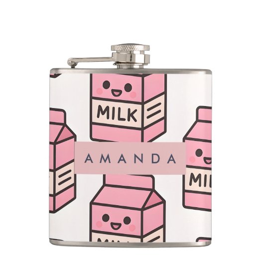 Personalisiertes Niedliches Kawaii Pink Milk Karto Flachmann (Vorderseite)