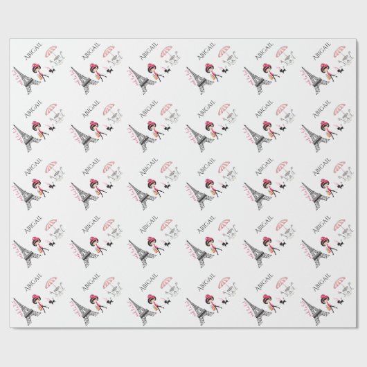 Personalisiertes Niedliches Mädchen und Katze Eiff Geschenkpapier (Flach)