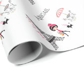 Personalisiertes Niedliches Mädchen und Katze Eiff Geschenkpapier (Rolleneckpunkt)