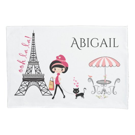 Personalisiertes Niedliches Mädchen und Katze Eiff Kissenbezug (Vorderseite)