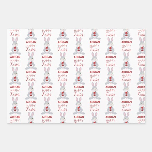 Personalisiertes Niedliches Osterkaninchen Rotes O Geschenkpapier Set (Vorderseite 3)