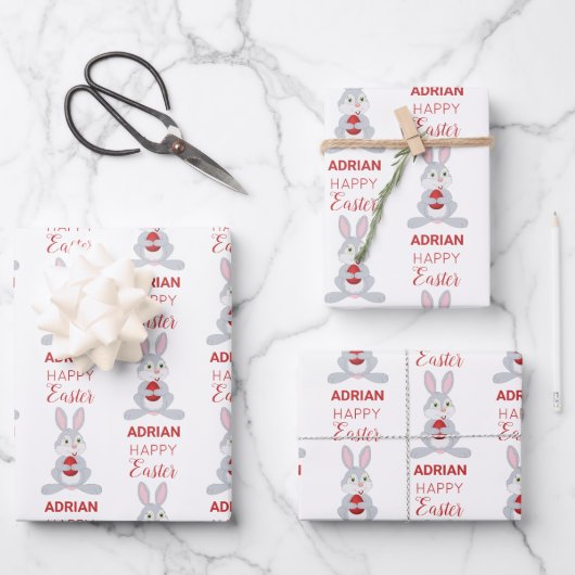 Personalisiertes Niedliches Osterkaninchen Rotes O Geschenkpapier Set (Vorderseite)