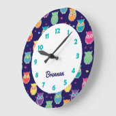 Personalisiertes Niedliches Owl Muster Blaues Tier Große Wanduhr (Winkel)