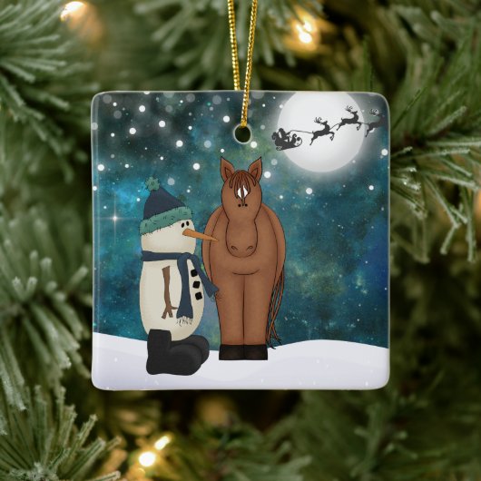 Personalisiertes Niedliches Pferd und Schneemann W Keramikornament (Baum)