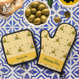 Personalisiertes Olivenöl mit gelben Mittelmeer-St Ofenhandschuh & Topflappen-Set