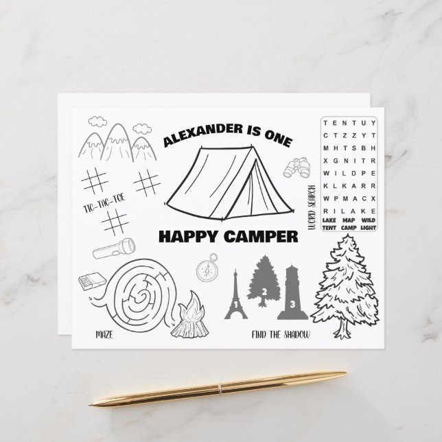 Personalisiertes One Happy Camper Coloring Tischse (Vorderseite/Rückseite Beispiel)