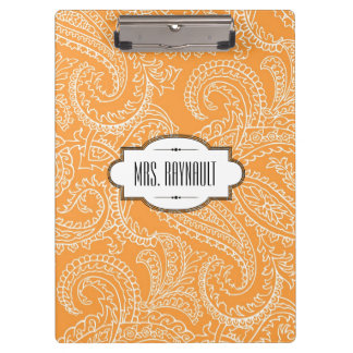 Personalisiertes orange Paisley-Klemmbrett Klemmbrett