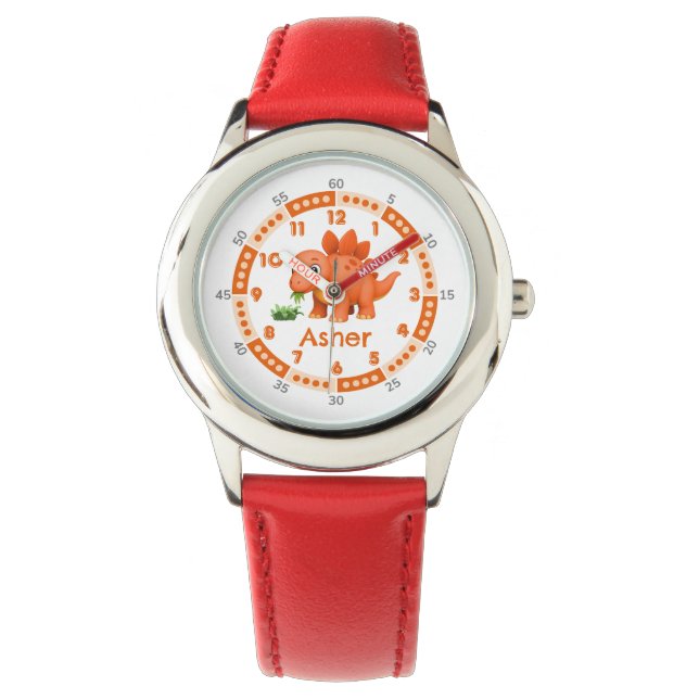 Personalisiertes Orange Stegosaurus Time Telling D Armbanduhr (Vorderseite)
