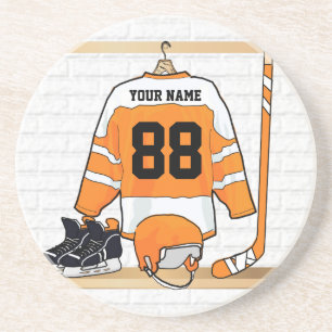 Personalisiertes Orange und Weiß-Eishockey Jersey Untersetzer