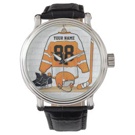 Personalisiertes Orange- und Weißeisenhockey Jerse Armbanduhr