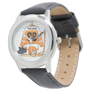 Personalisiertes Orange- und Weißeisenhockey Jerse Armbanduhr