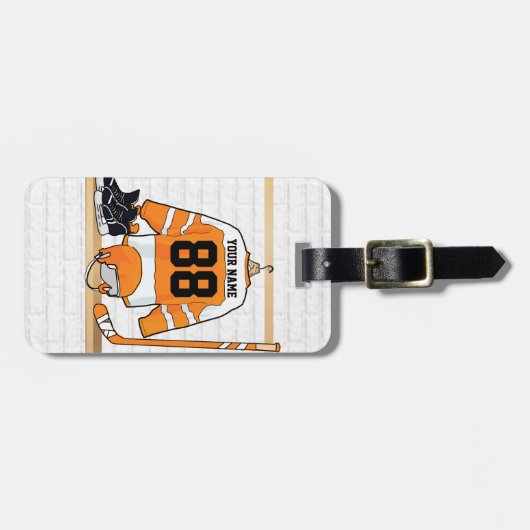 Personalisiertes Orange- und Weißeisenhockey Jerse Gepäckanhänger (Vorderseite horizontal)