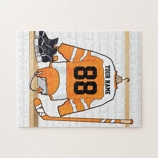 Personalisiertes Orange- und Weißeisenhockey Jerse Puzzle (Horizontal)